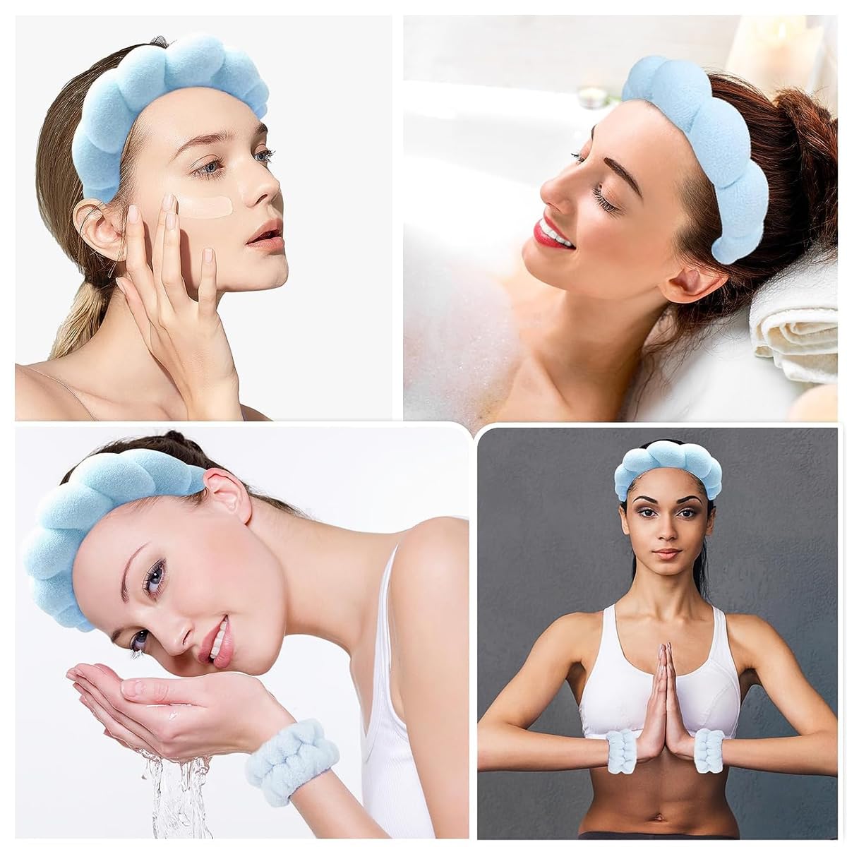 MAYCREATE Spa Headband Wristband Combo for Women Girls Face Washing, Sunflower Sponge Facial Skincare Headband Makeup Hairband Coral Fleece Wrist Washband Set - Blue