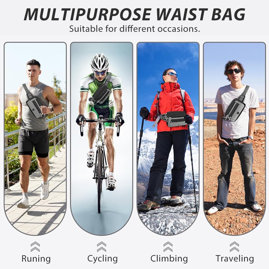 GUSTAVE Men's Waist Bag Chest Bag Crossbody Chest Bag with 6 Zipper Pouches Large Men's Waist Bag Adjustable Waist Belt Waterproof Nylon Lightweight Phone Waist Bag, 24x3x15cm