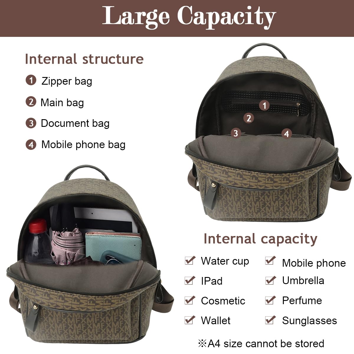 PALAY Fashion PU Backpack for Women Vintage Brown Printed Small Backpack with Handle Casual Day Bag Travel Backpack Lightweight Travel Backpack Gift for Women