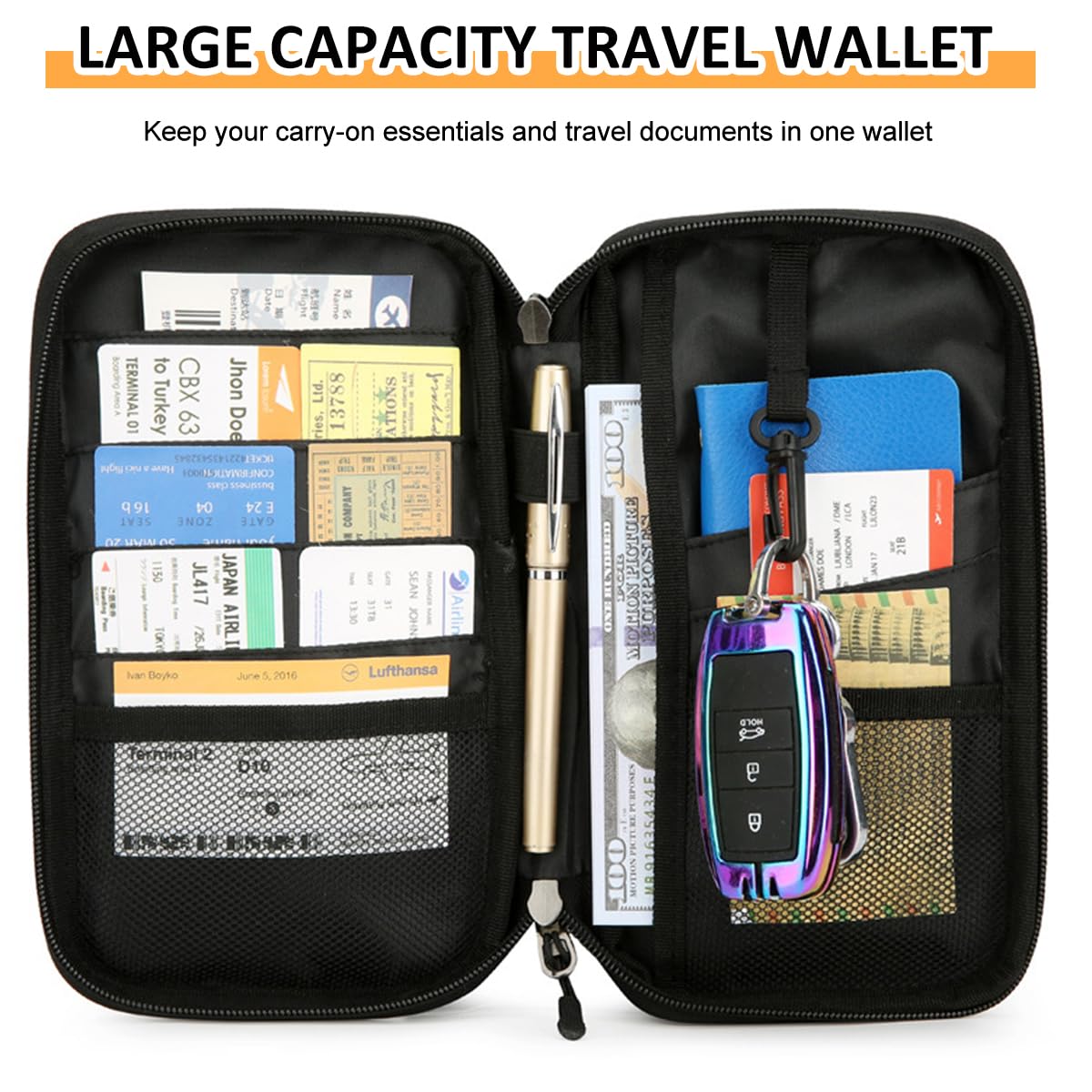 PALAY Travel Passport Holder Passort Bag Multi Compartments Zipper Pouch Bag RFID Blocking Cards Bag Oxford Cloth Travel Phone Sling Bag with Handstrap & Removable Shoulder Strap