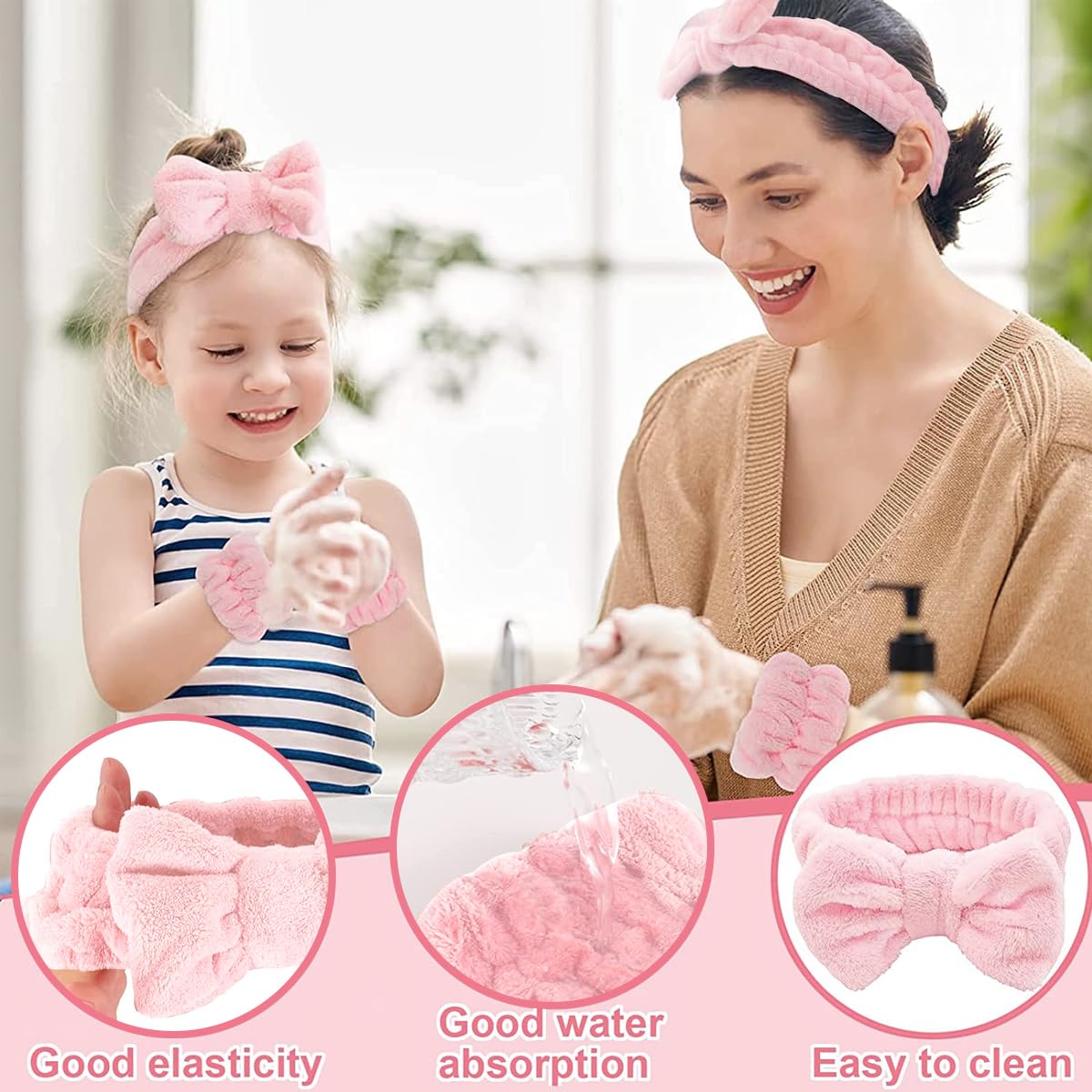 MAYCREATE Face Wash Headband & Wristband Set, Soft Stretchy Bowknot Headband for Women Girls, Flannel Super Absorbent Sweat Wrist Towel Band for Washing Face, Makeup, Yoga, Fitness (Pink)
