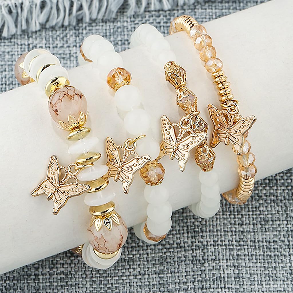 SANNIDHI 4Pcs Bohemian Butterfly Layered Bracelet Crystal Bracelet Stretchy Golden Beaded Bracelet Butterfly Bracelets for Women Girls Beaded Fashion Layered Beaded Bracelet Jewelry Gift for Girls