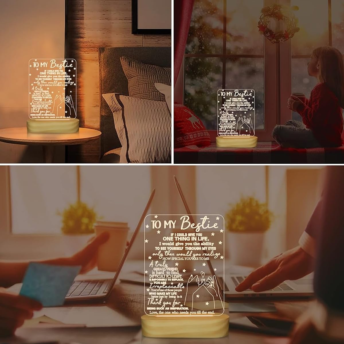 ELEPHANTBOAT LED Acrylic Night Light Board with Wooden Base, 'To My Bestie' Friendship Gift, 3D Illusion Lamp I Love You Friends Night Light for Best Friend Sister Girls Birthday Friendship Gift