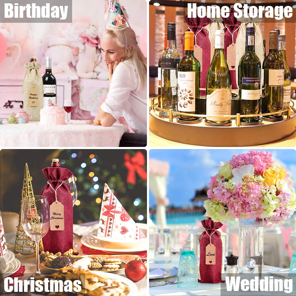 HASTHIP 12 Pcs Burlap Wine Bags Wine Gift Bags, 5.9 X 13.78 inches Wine Bottle Bags with Drawstrings, Tags & Ropes for Birthday, Travel, Holiday Party, Housewarming,Wedding, Home Storage
