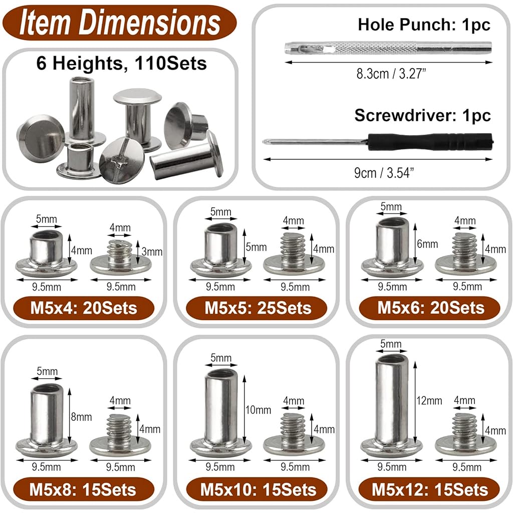 HASTHIP 110 Sets Chicago Screws Kit Silver Metal Chicago Screws of 6 Sizes Leather Rivets Chicago Screws for DIY Leather Crafting Chicago Screws for Leather Belt, Handbags, Luggage Straps, Satchels