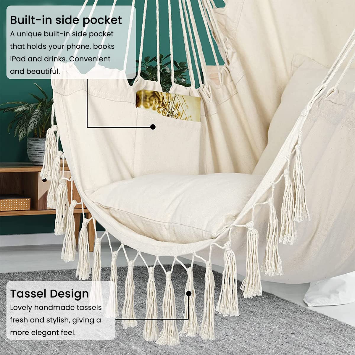 HASTHIP Swing Chair for Adults with 2 Cushions and Pocket, 360° free Rotation Large Macrame Hanging Chair for Indoor Outdoor Balcony(Max 180KG)
