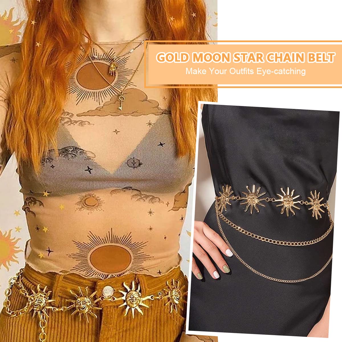 PALAY Chain Waist Belts for Women, Trendy 3-Layer Metal Chain Belt for Women Dresses, Sun Element Decor Gold Body Belly Belt Accessories, Matched with Suits, Jeans, Shirts, Dress