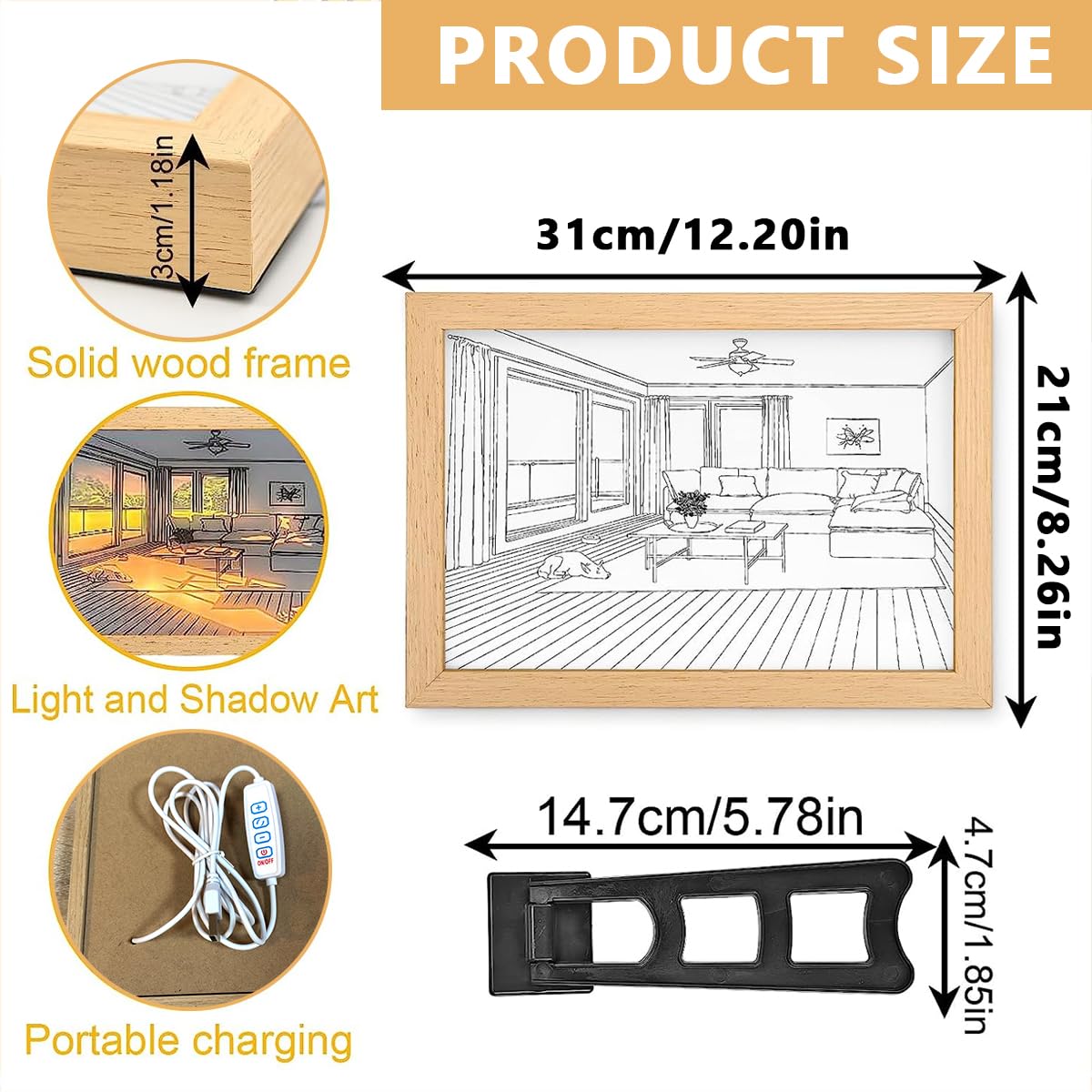 HASTHIP Wooden Framed Art Wall Lighting Painting Decoration, LED Glowing Photo Frame, Adjustable Acrylic Glass Painting Decorative, USB Powered, 3 Lighting Modes, Wall Decor for Home Bedroom (A)