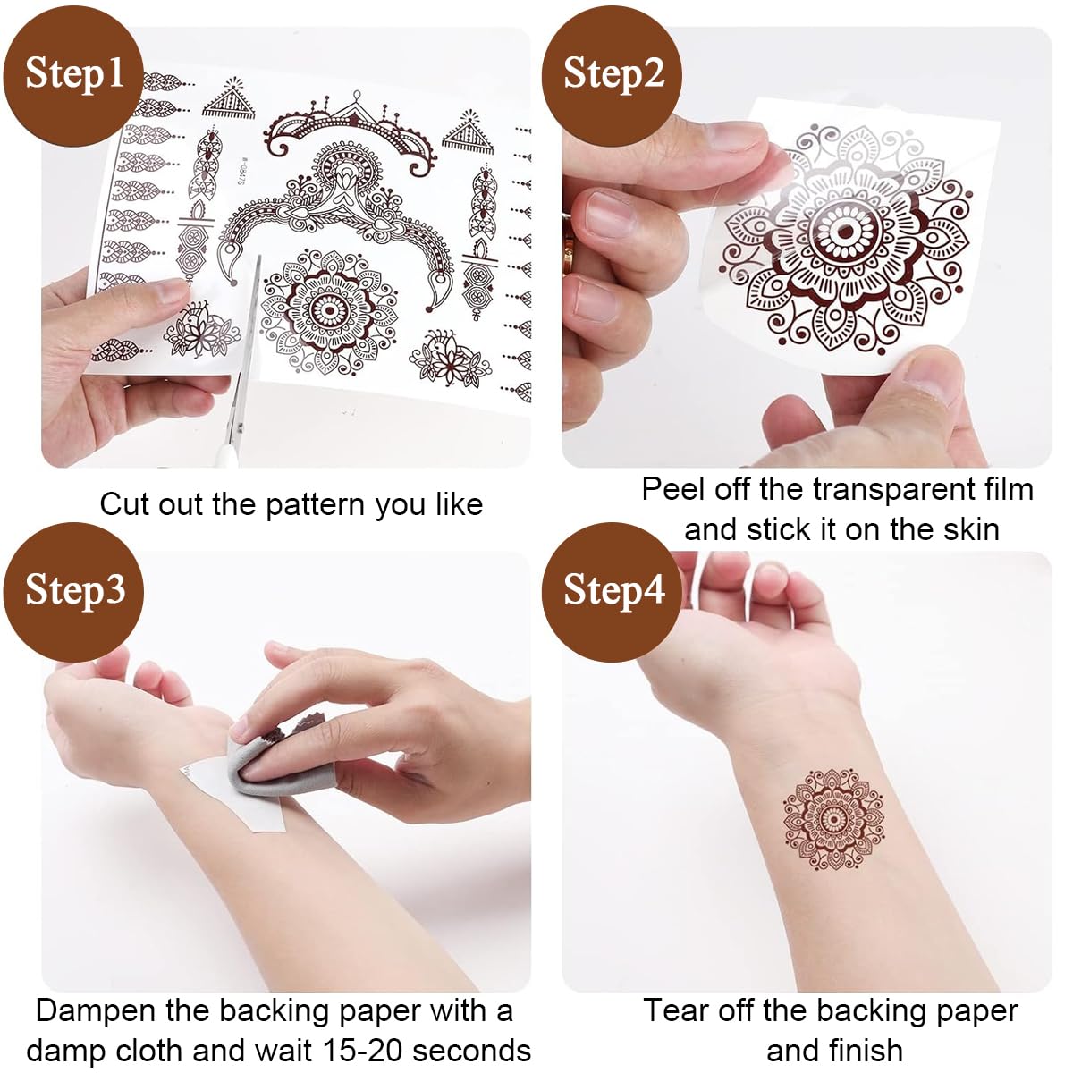 MAYCREATE Tattoo Sticker 12 Sheets Mandala Temporary Tattoo for Women Girls Brown Lotus Flower Arm Band Tattoo Waterproof Henna Tattoo Stickers for Hands, Body, Arm, Feet