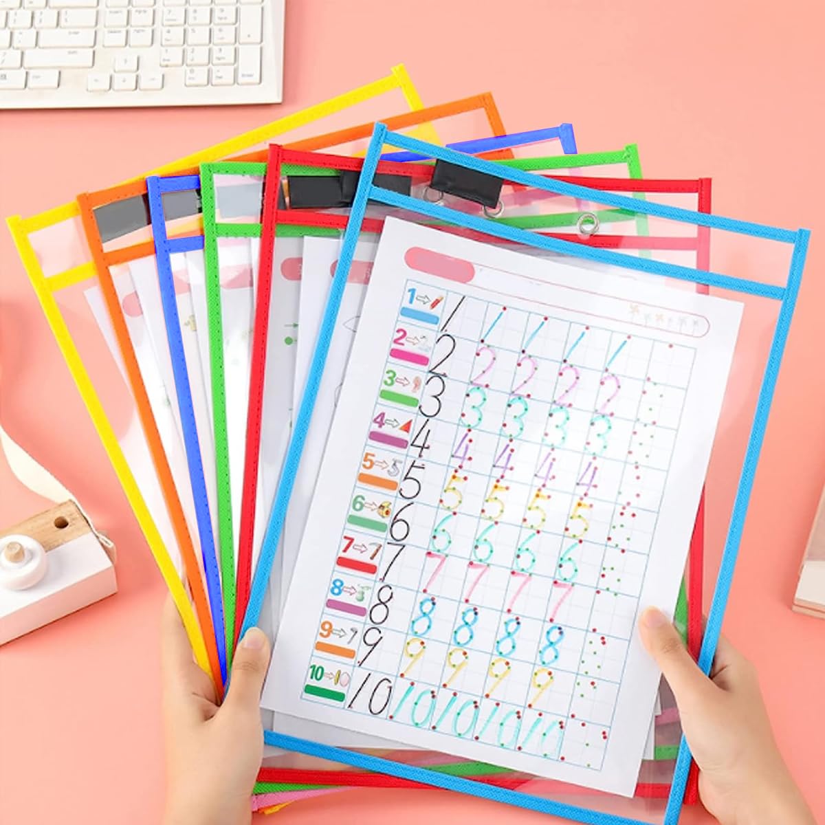 Climberty Dry Erase Pocket Sleeves, 6 Pack 10 x 14 Inch Colorful Dry Erase Plastic Sleeves with 6 Erasable Color Pens, Reusable Clear Pocket Sleeves for Documents, Classification, Practicing Painting