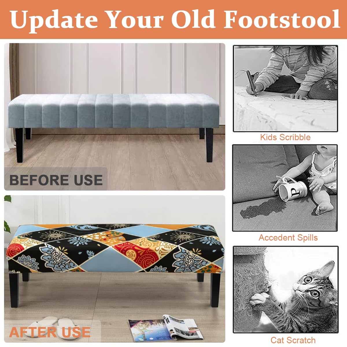 HASTHIP Stretchy Bench Seat Cover Anti-scratch Dacron Cover for Living Room Bench Floral Print Bench Cover Leather Bench Seat Protector Cover for Piano Bench, Entryway Bench Anti-Dust Removable Bench