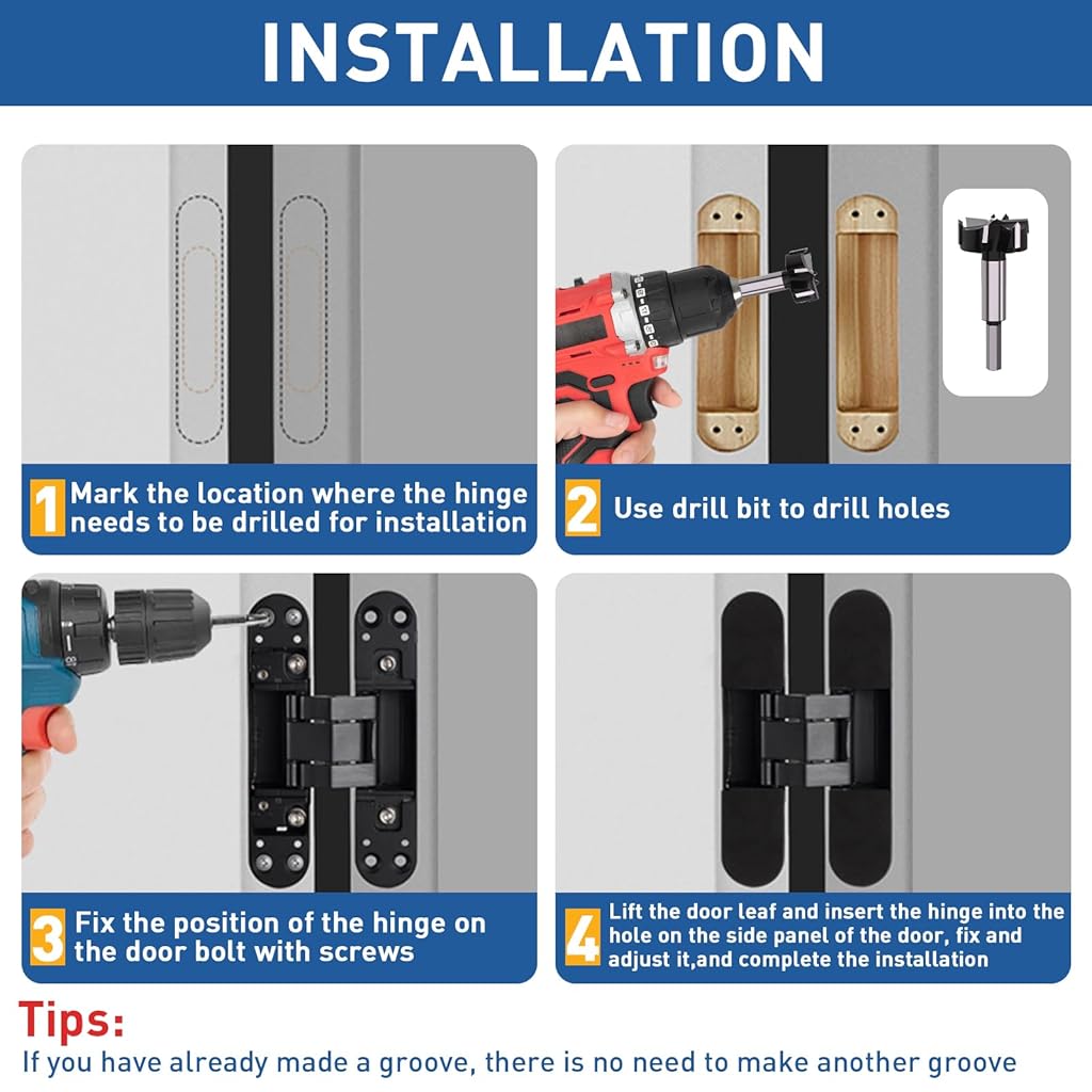 Serplex® Hidden Door Hinge, Invisible, Concealed, Secret 3-Way Adjustable Black Hinge for Doors (2 PCs)-Metallic