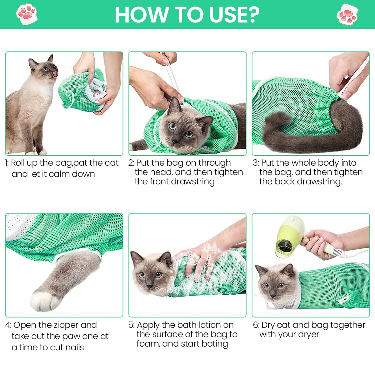 Qpets 23*16*14 Inch Cat Bathing Bag Anti-Scratch Cat Grooming Mesh Bag for Bathing, Nail Trimming, Medicine Taking, Injection, Adjustable Multifunctional Breathable Restraint Shower Bags(Green)
