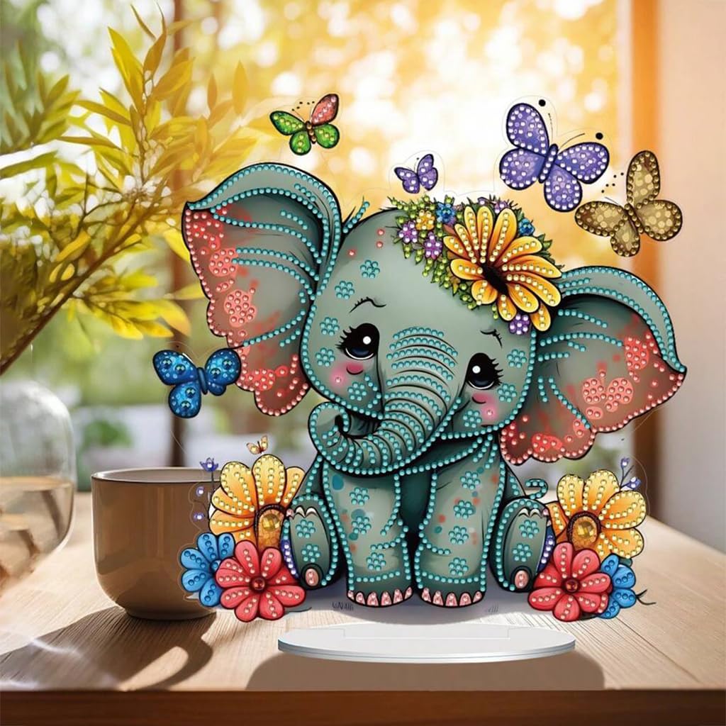 HASTHIP DIY 5D Diamond Painting Art Material Kit 9.5 Inches Acrylic Elephant DIY 5D Diamond Painting Art Desk Decoration with Tools and Color Gem Packs, DIY Diamond Painting Gift