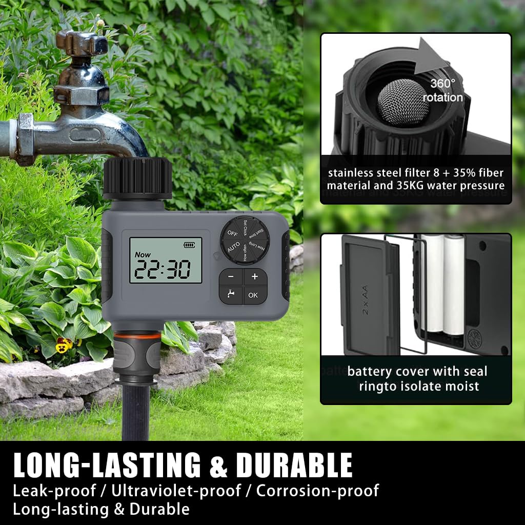 HASTHIP Drip Irrigation Timer for Garden Farm with Universal Faucet connector, Irrigation Water Timer, Easy to Use Automatic Watering System, Waterproof Digital Irrigation Timer System for Lawns