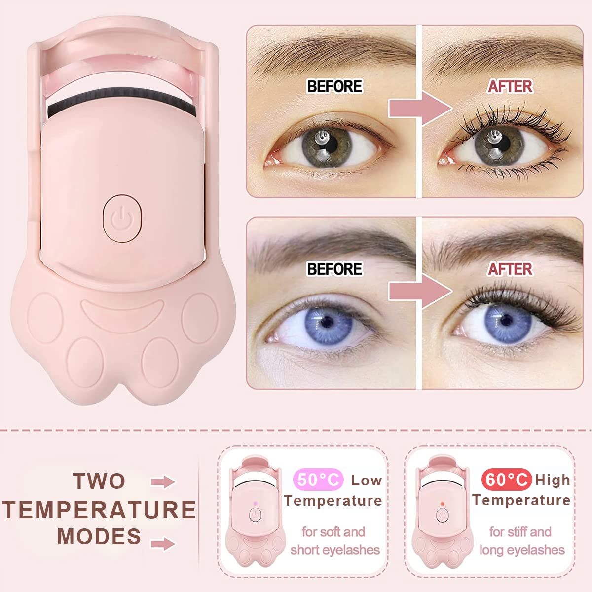 MAYCREATE Heated Eyelash Curler for Women, Electric Eyelashes Curler, Cat Paw Shape USB-C Rechargeable Heating Eyelash Curler with 2 Temperature Modes for Quick Natural Curling, Long Lasting