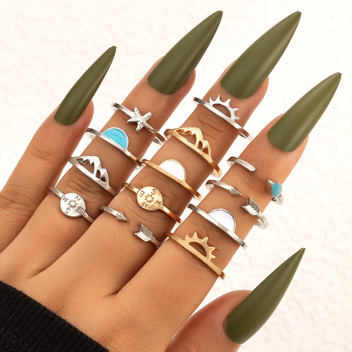 SANNIDHI 19 Pcs Boho Retro Rings Sets Combo Stackable Rings for Women Teen Girls, Vintage Knuckle Rings Finger Ring Sets Fashion Turquoise Golden-Plating Sleek Rings