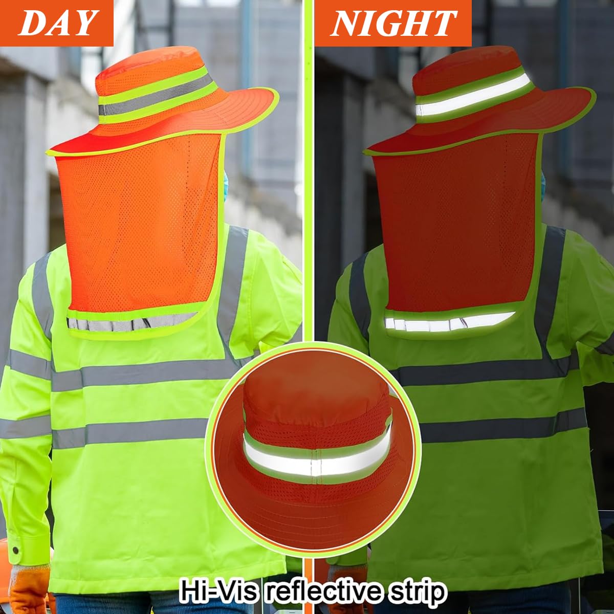 Serplex Safety Reflective Bucket Hat with Sun Protection, Bucket Hat for Men, Bucket Hat for Women, Wide Brim, Neck Flap, Breathable Mesh, High-Visibility Sun Hats for Work/Gardening/Fishing(58-60cm)