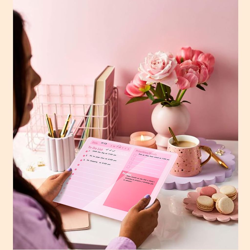 OFIFO® Compact Desktop Dry Erase Board - 12x10 Inch Thickened Acrylic Task Planner with Stand, Space-Saving Pink Memo Board for Home Study & Office Work-Pink