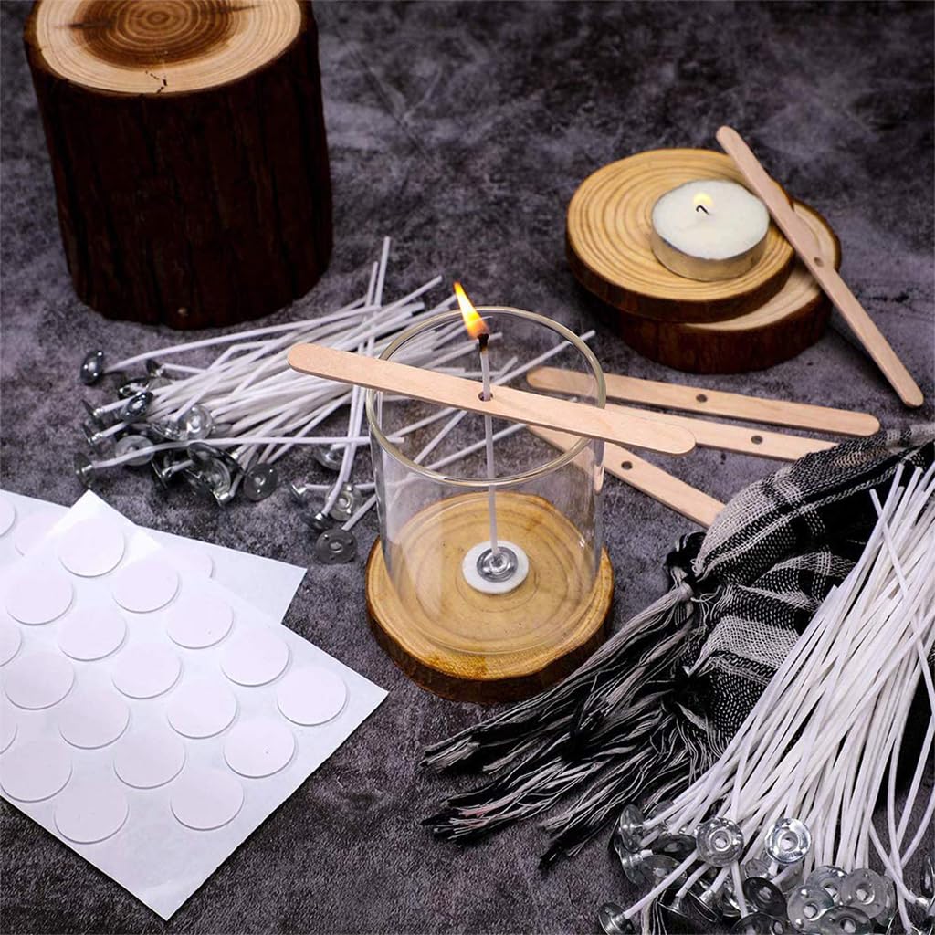 HASTHIP DIY Candle Making Tool Kit with 100 Pcs 6 inches Candle Wicks, 60cs Candle Wick Stickers, 10 Pcs Wooden Candle Wick Holders Candle Wicks Tool Kit for DIY Candle Making Scented Candles