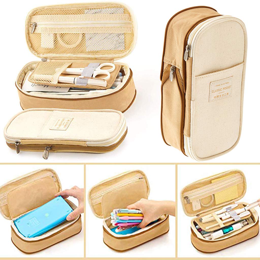 HASTHIP Large Capacity Pencil Case, Durable Storage Multiple Compartment Double Zipper Portable Capacity Pencil Pouch for College Student Teen, 22x11cm (Khaki)
