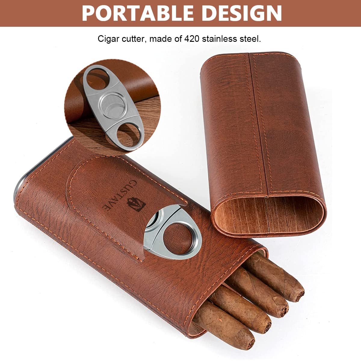 GUSTAVE Cigar Case, Holds Up to 3 Cigars, Cedar Wood Lining Travel Cigars Case, Leather Cigar Case with Stainless Steel Cigar Cutter, Cigar Gift Set for Man (2PCS)