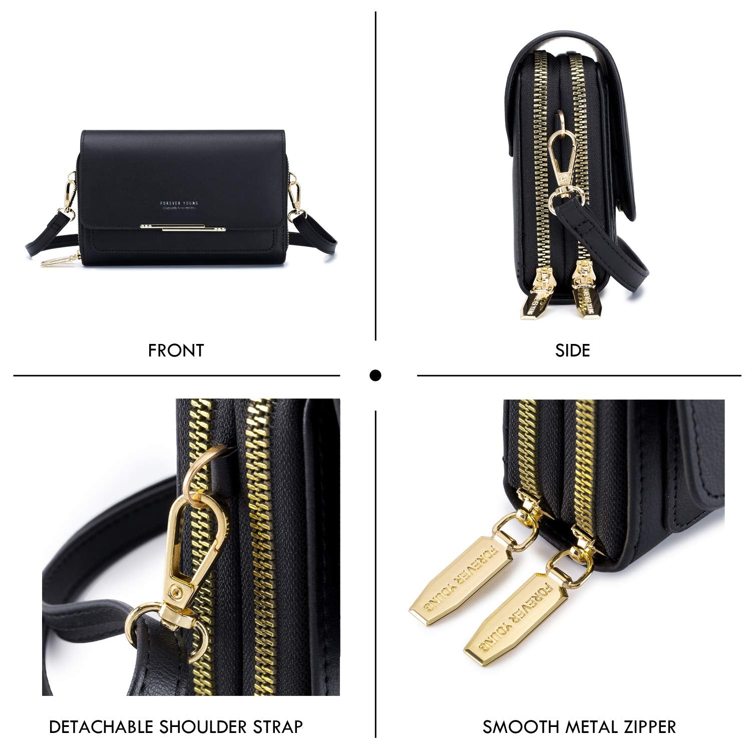 PALAY Crossbody Bag for Women Fashion Purse Bag Phone Sling Bag Black PU Crossbody Bag Shoulder Bag Small Double Layer Zipper Purse Bag Phone Bag