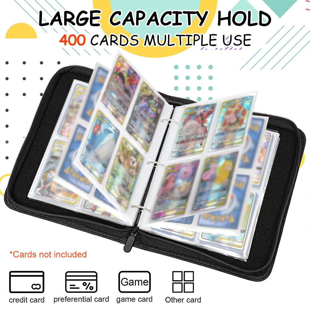 PATPAT Poke-mon Binder, Cards Collector Album Holder for 400 Poke-mon Cards Cartoon Prints Zipper Bag Trading Card Binder Poke-mon Cards Pack Collection Bag Game Cards Case Gift for Kids Boys Girls
