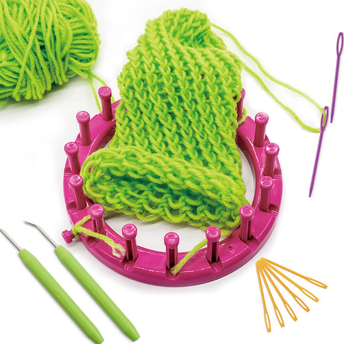 HASTHIP Loom Knit Hook Set, Crochet Needle Hook Kit, 8 Pcs Green Knitting Loom Hooks with 12 Pcs Colorful Plastic Sewing Needles