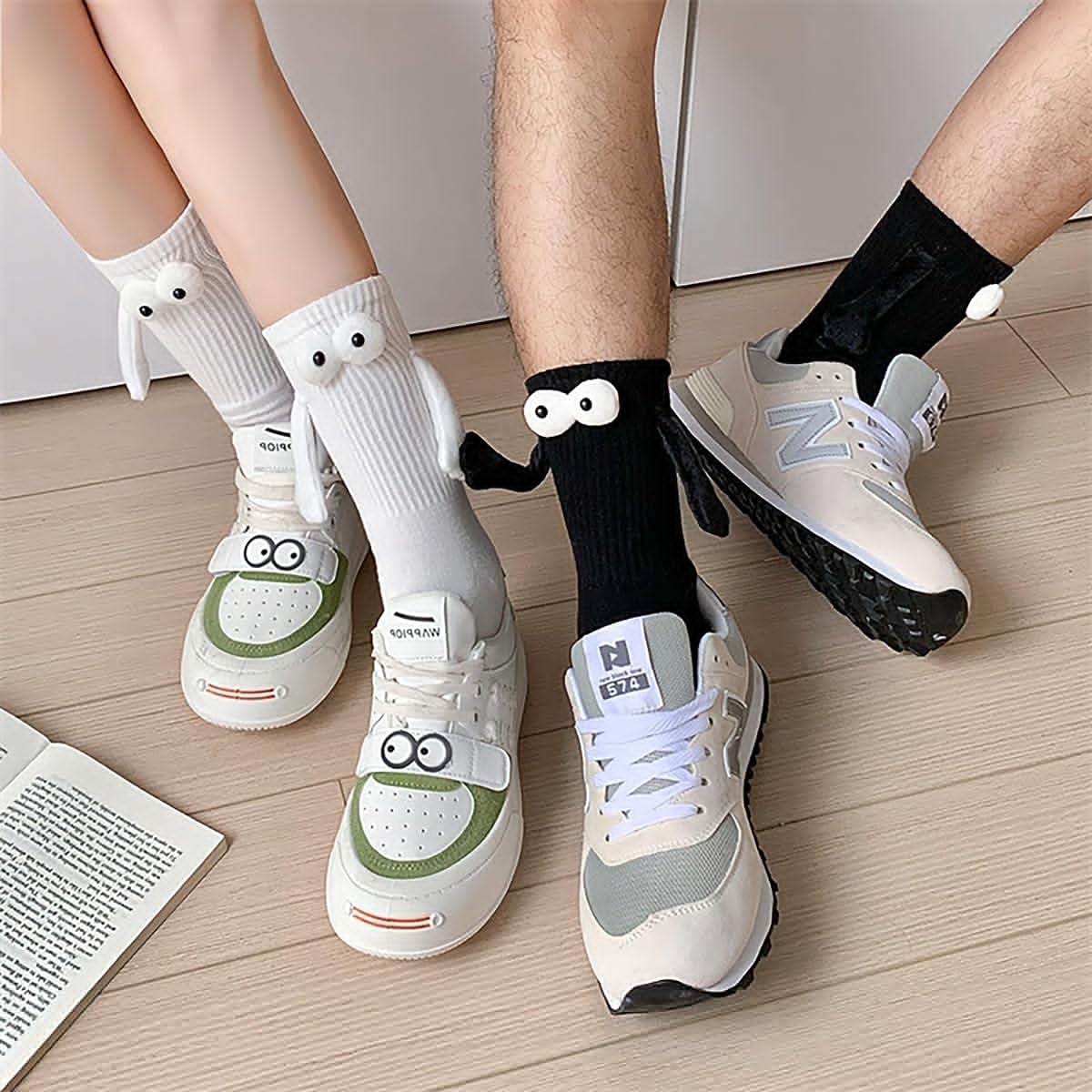 PALAY 2 pair Cotton Socks Unisex Socks Funny Couple Socks Ankle Socks for Men Women Home Socks Floor Socks Friendship Gift Christmas Gift (Black & White)