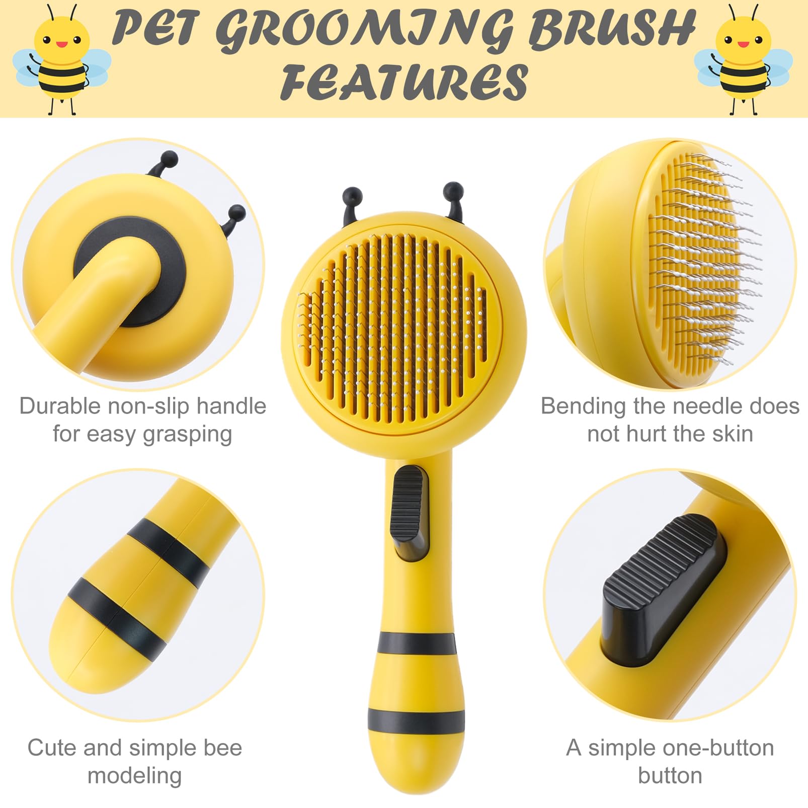 Qpets Grooming Brush for Dogs and Cats Slicker Hair Brush Honey Bee Design Remove Mat Shedding Brush for Cats & Dogs Gently Massage Hair Comb for Dogs Pet Grooming Comb for Dog
