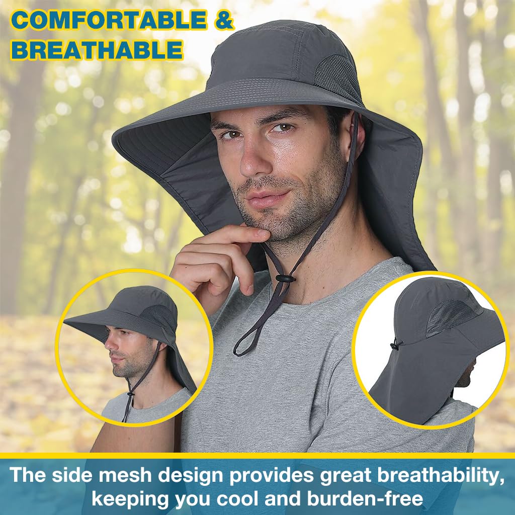GUSTAVE Sun Hat for Men, Fashion Wide Brim Hat UV Protection Cowboy Hats Neck Flap Design & Adjustable Windproof Chin Strap Sun Hat Unisex Sun Hat Breathable Sun Hat for Hiking, Fishing, Gardening