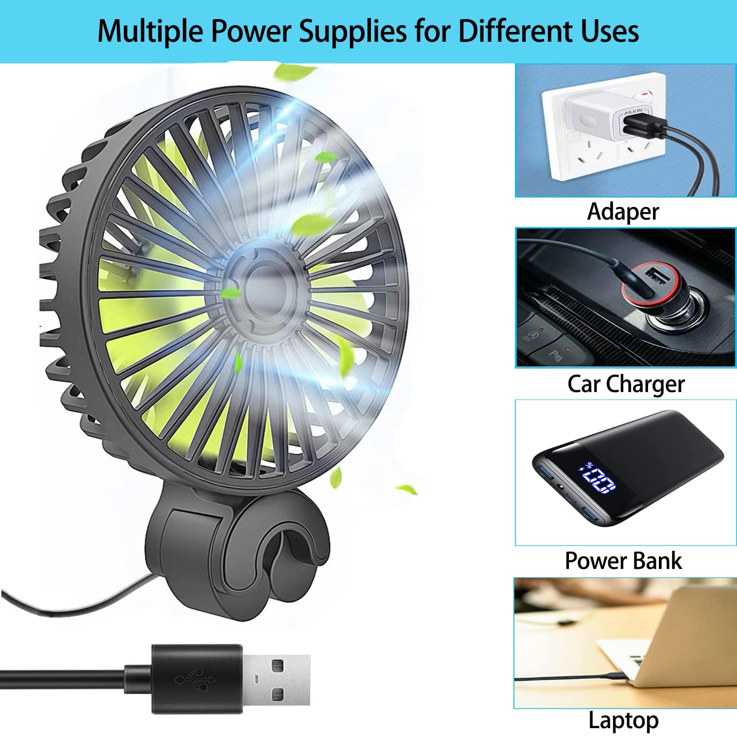 HASTHIP® 2 Pcs USB Fan with 3 Speed, Switch Controller, USB fan for Baby, Back Seat Passengers for Car Back Seat, Rotatable USB Fan with USB Cable, Headrest Mounted 5V Mini Fan