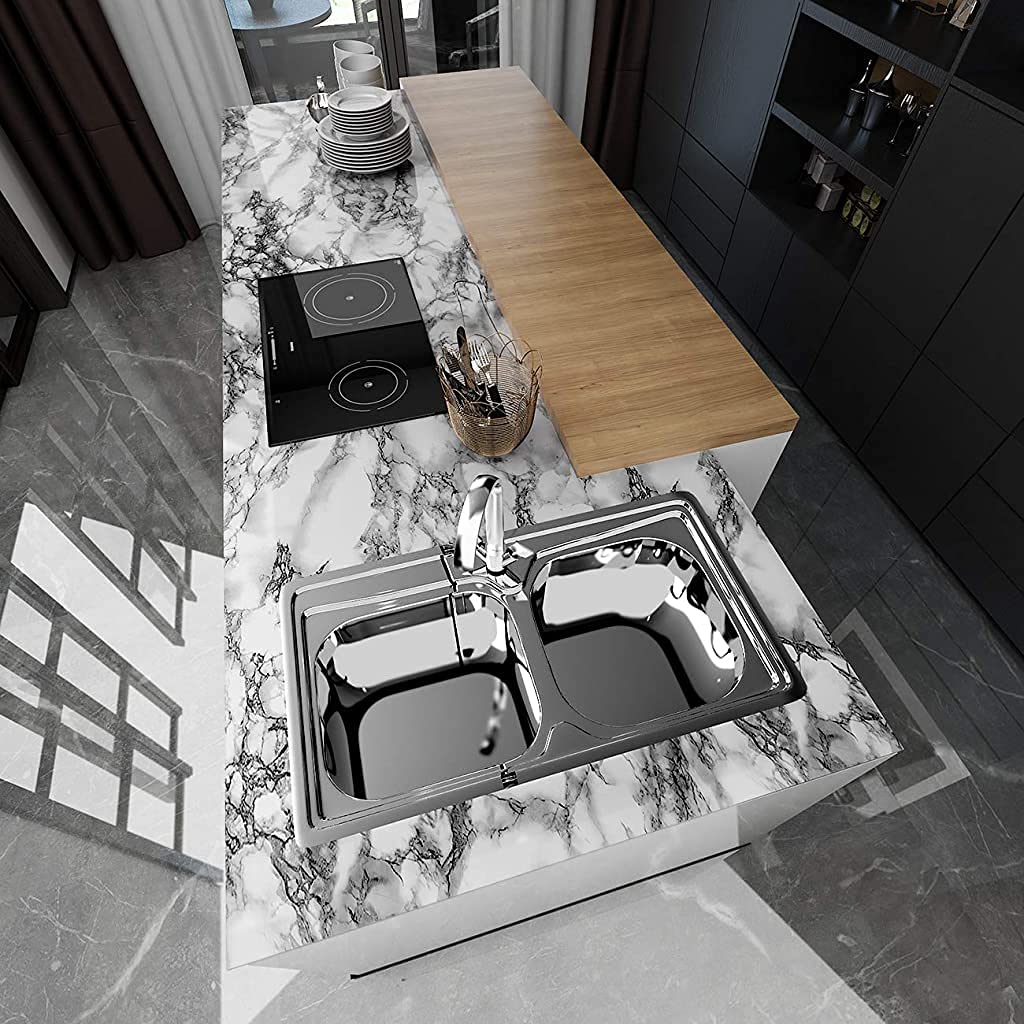 HASTHIP 60CM X 300CM Kitchen Wallpaper, Oil Stain Proof Waterproof Self-Adhesive Wall Stickers, Peel and Stick Wallpaper Marble Contact Paper for Kitchen Furniture, Walls, Table top, Floor (Black)