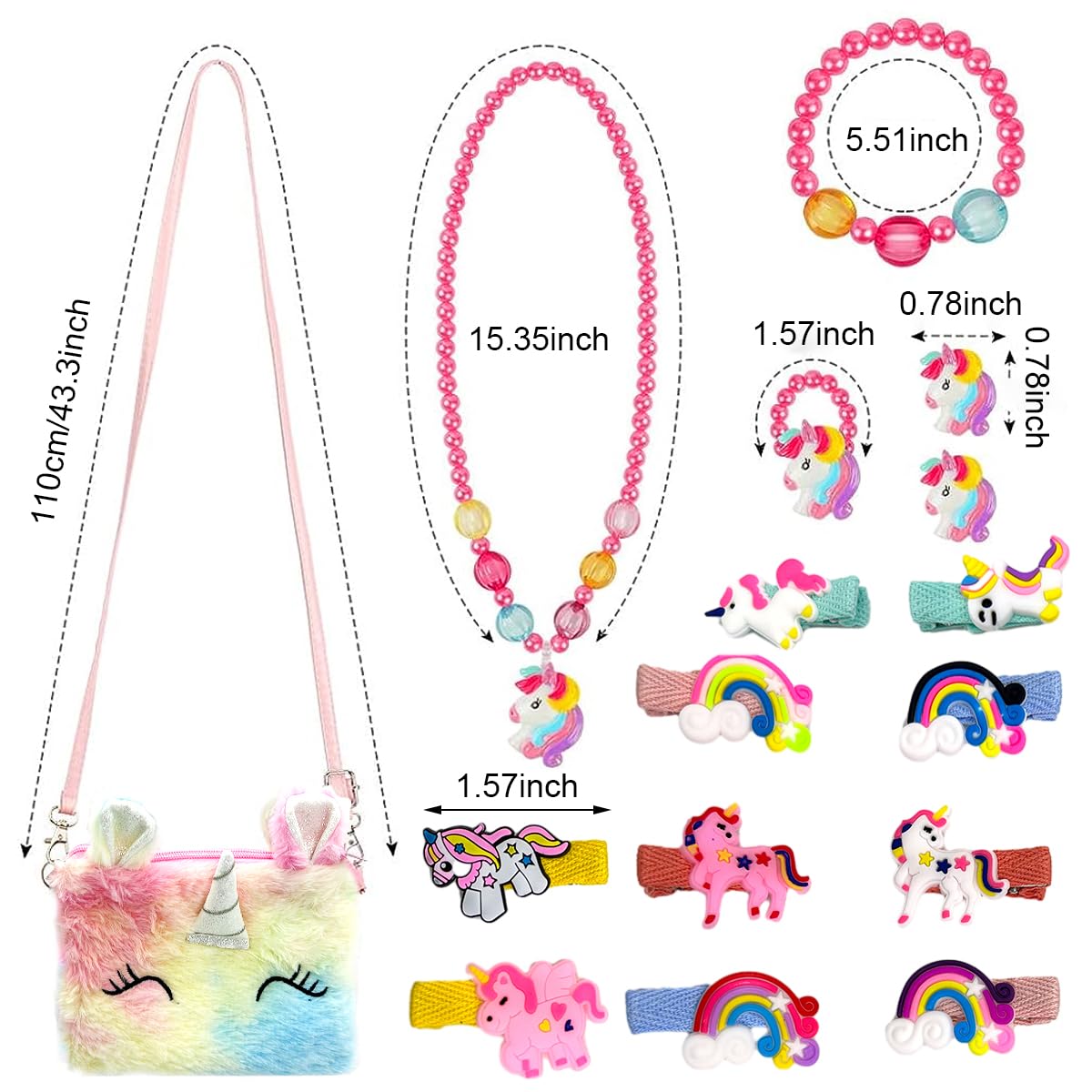 SANNIDHI Unicorn Jewellery Set for Girls, Cute Cartoon Fluffy Sling Bag Beaded Necklace Bracelet Earrings Ring & Hair Clips Kit, Fashion Party Dress up Jewelry Unicorn Gifts for Girls Kids