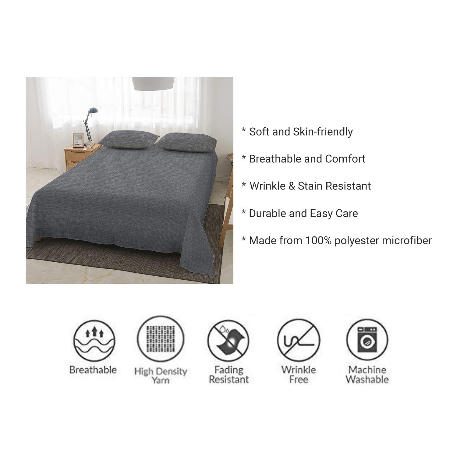 Supvox Premium 3 Piece Bed Sheet Set 100% Microfiber Polyester £¨Includes 1 Flat Sheet, 2 Pillow Covers - Super Soft, Warm, Breathable, Cooling, Wrinkle and Fade Resistant (Queen, Gray Texture)
