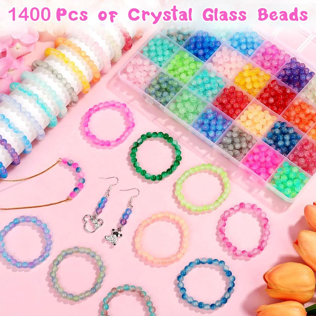 SANNIDHI 1400Pcs 6mm Glass Beads for Bracelet Making, Crystal Beads for Jewellery Making Kit, 28 Colors Gradient Glass Round Beads for Women Girls Earring Necklace Making DIY Crafts