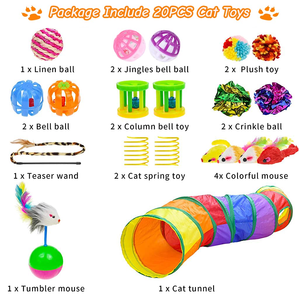 Qpets 20 PCS Cat Toys for Kittens Set, Collapsible Cat Rainbow Tunnels for Indoor Cats, Family Set Cat Teaser Toy Cat Feather Toy Fluffy Mouse Crinkle Balls Toys for Cat Puppy Kitty