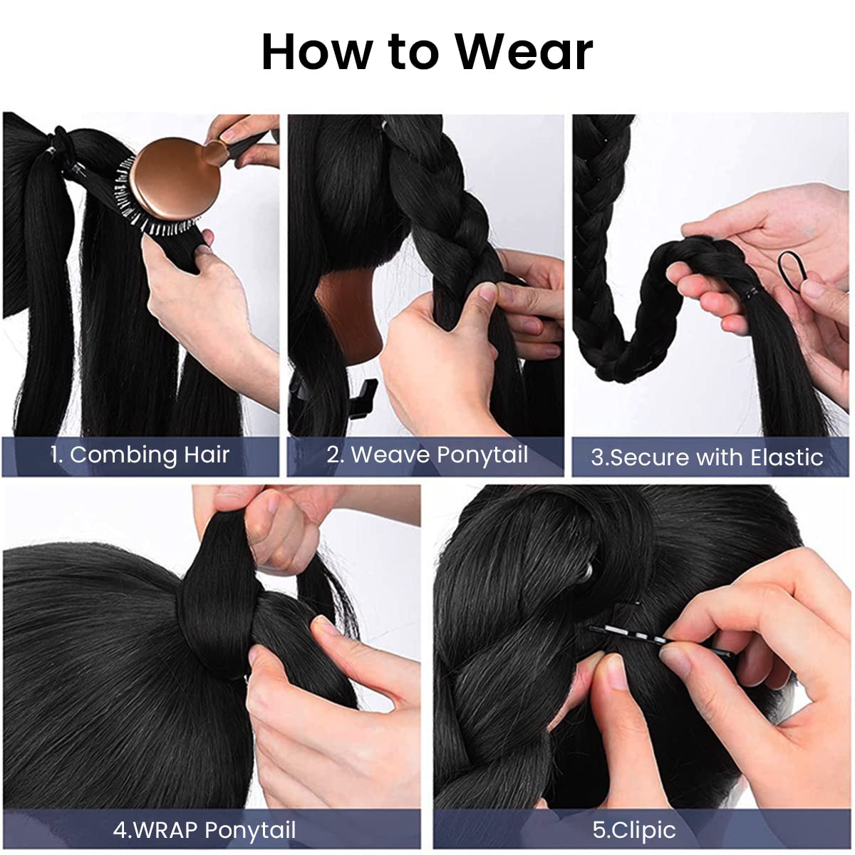 MAYCREATE Ponytail Hair Extension for Women, Long Braided High Ponytail Extension with Rubber Band, Straight Wrap Around Natural Soft Synthetic Hair Piece - 31 Inch, Black
