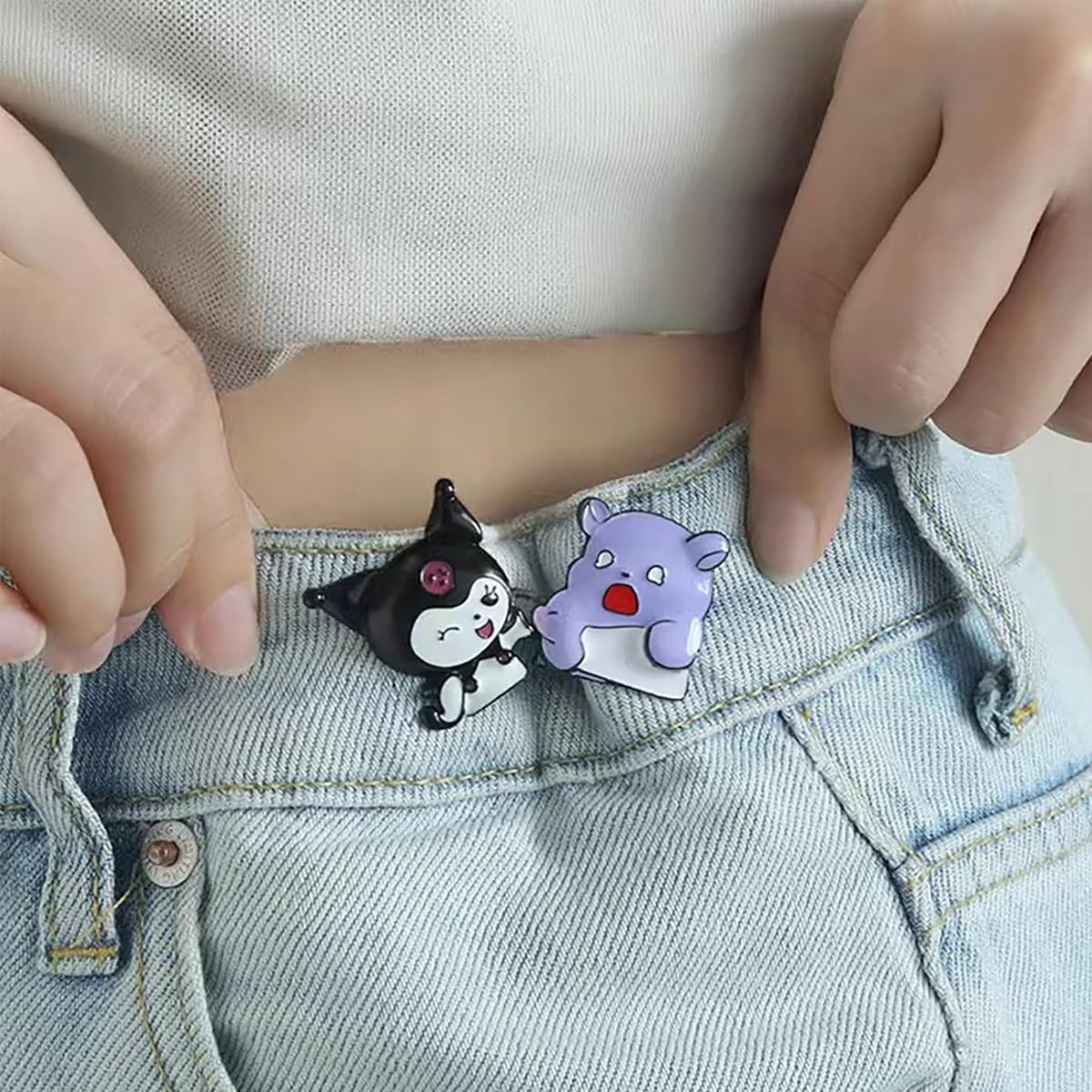 SANNIDHI 2 Pairs Jeans Tightening Clip, Kuromi Pants Clips Jeans Adjustable Button Pins, Adjustable Waist Buckle for Women Girls, Jeans Hooks for Waist Fit Loose Jeans Adjuster for Trousers, Skirts