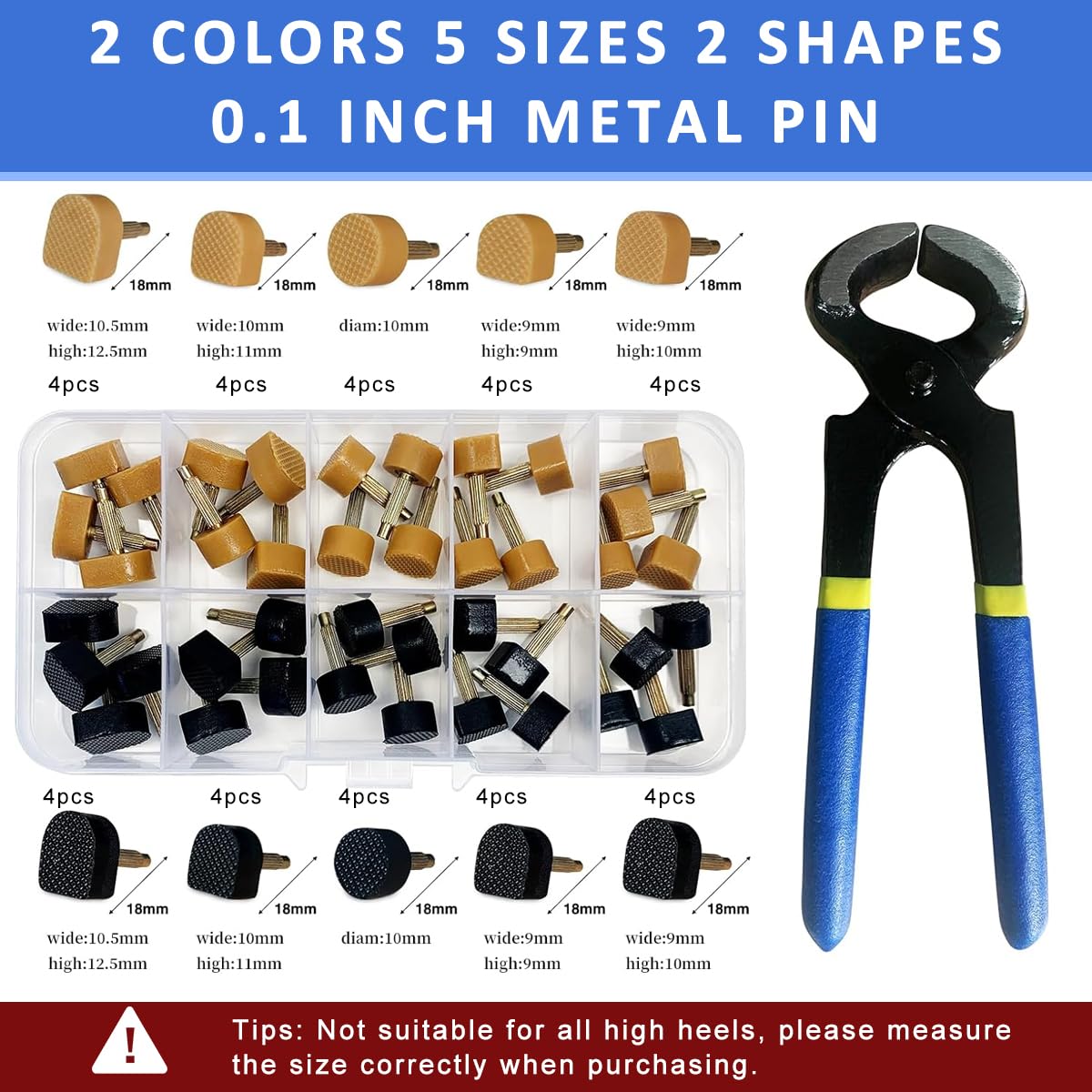 HASTHIP 20 Pairs High Heel Tips Replacements High Heel Tips Black & Beige U-shape Heel Tips Small Round Heel Tips 12.5mm/11mm/10mm/9mm High Heel Tips with Plier, for Replacing Worn-out Heel Tips