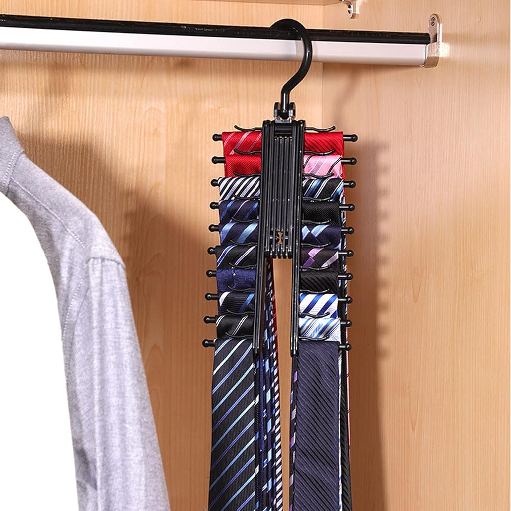 ZIBUYU® Hanger for 20 Tie Organizer with Non-Slip Clips Cupboard Organiser for Clothes Rack Holder 360 Degree Rotate to Open Close Space Saving for Ties Bowties Belts Scarves 3 PCS