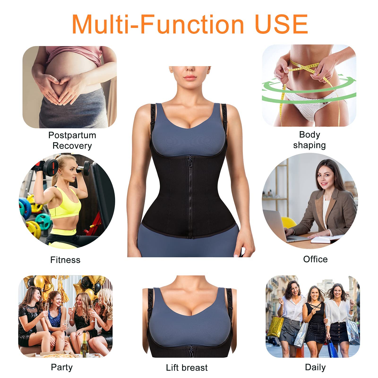 PALAY Waist Trainer for Women Corset Shapewear with Zipper, Women's Waist Cincher Tank Top Vest Sport Workout Girdle Hourglass Body Shaper with Adjustable Straps, XL, Black