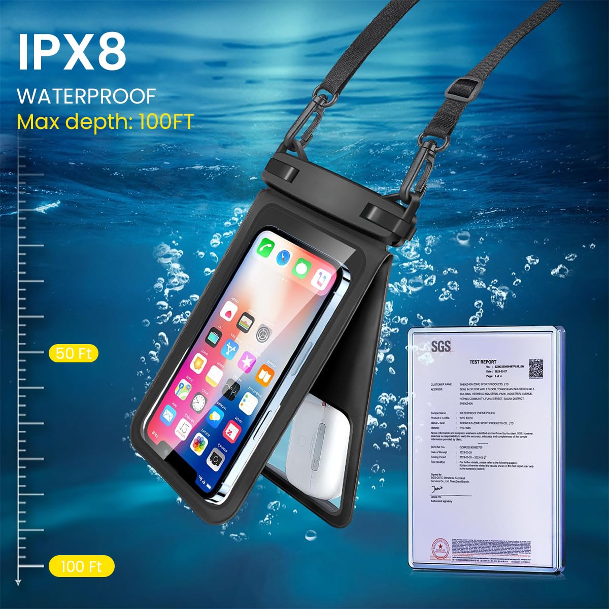 ZORBES Waterproof Phone Sling Bag for 7'' Phone and Below IPX8 Dual-Pocket Waterproof Phone Pouch with Lanyard Universal Transparent Diving Phone Bag for Phone, Earphone, Keys, Cash