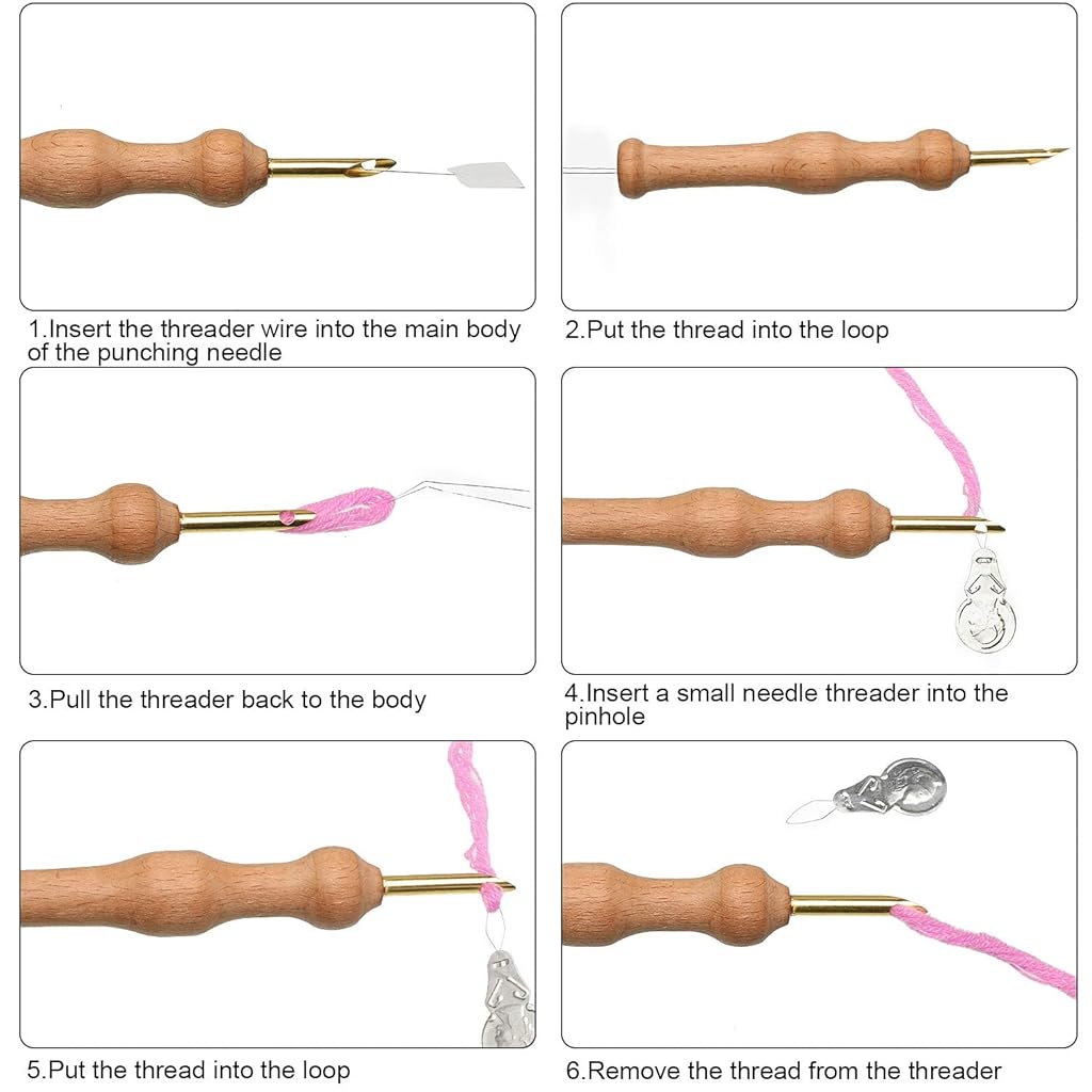 HASTHIP 17 Pieces Fullset Punch Needle Embroidery Starter Kits Rug Punch Needle Tool Threader Fabric Embroidery Hoop Yarn Punch Needle for Beginner