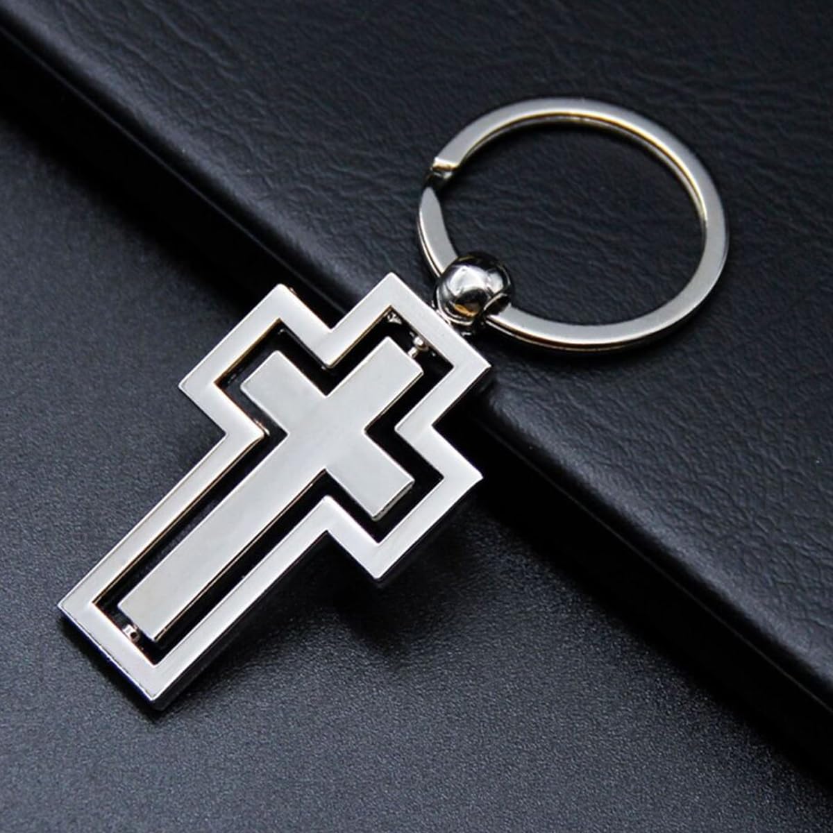HASTHIP Cross Keychain Creative Metal Cross Keyring Rotating Cross Keychain Key Ring for Room Keys Gift for Men Women, Silver, 4.57 x 2.83 x 0.28 inches