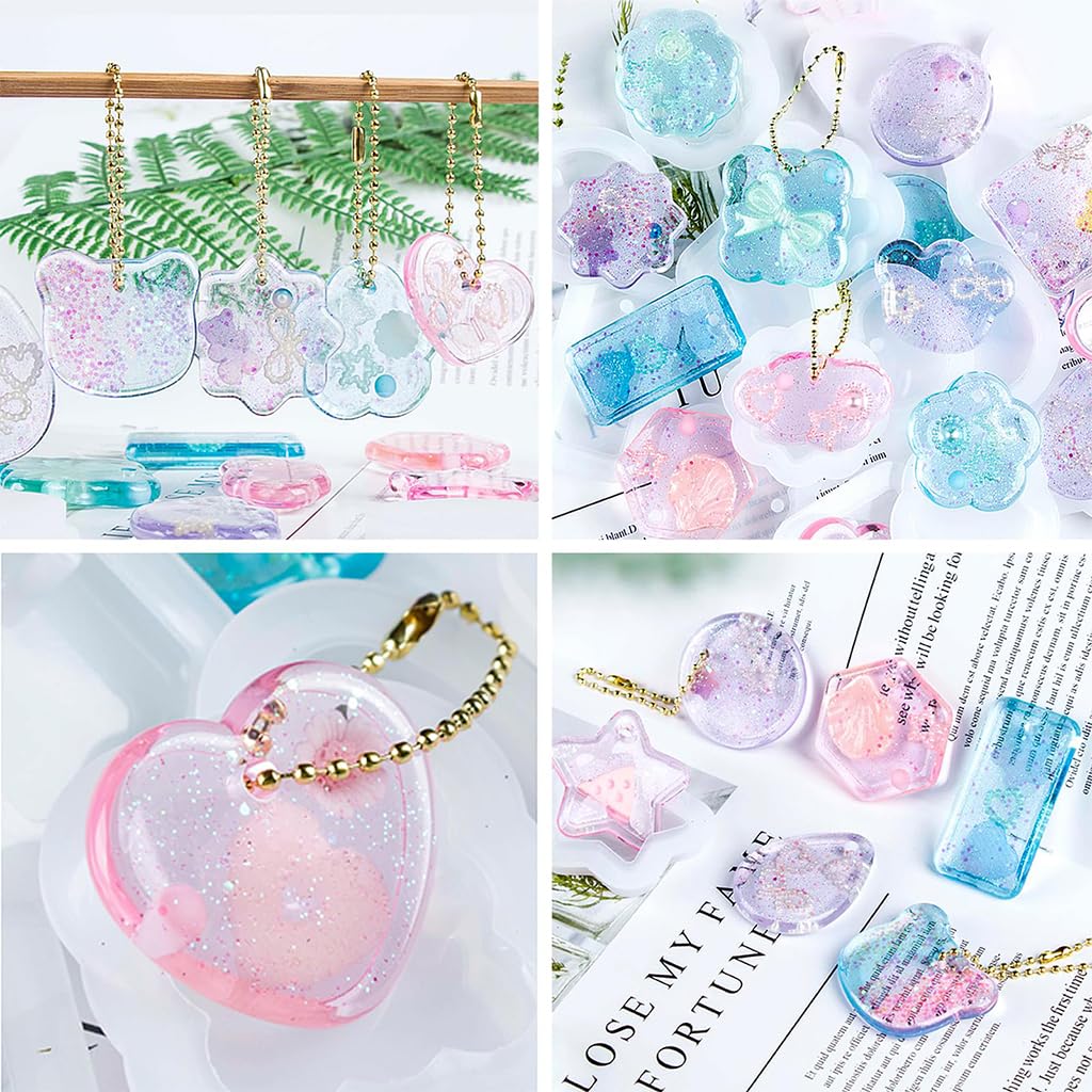 HASTHIP Resin Art Mold Kit DIY Resin Art Keychain Supplies Kit Assorted Silicone Molds with Multi Colors Glitters & Trinkets, Keychain DIY Resin Bag Charms DIY Handmade Resin Craft Kit