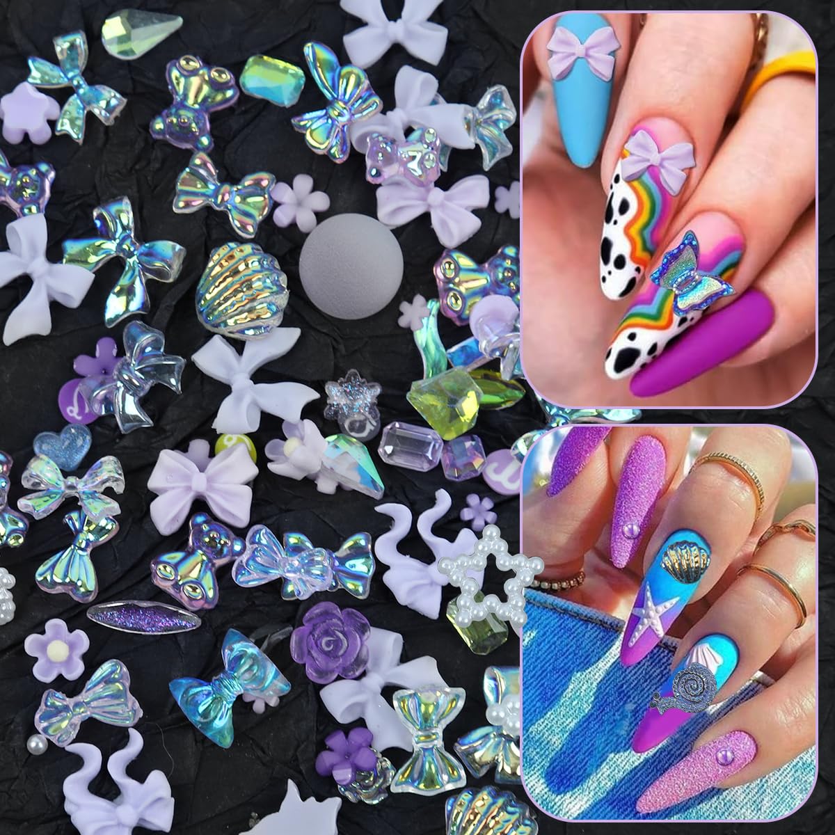 MAYCREATE 3D Mix Flower Nail Charms, Heart Flower Butterfly Acrylic Nail Gems Charms Mixed AB Resin Rhinestones Pearls Gold Rivets for Manicure DIY Crafts Accessories, Purple