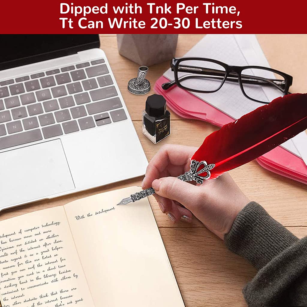 Climberty Antique Feather Calligraphy Pen Set -Writing Quill Ink Dip Pen with 5 Extra metal Nibs (Red)