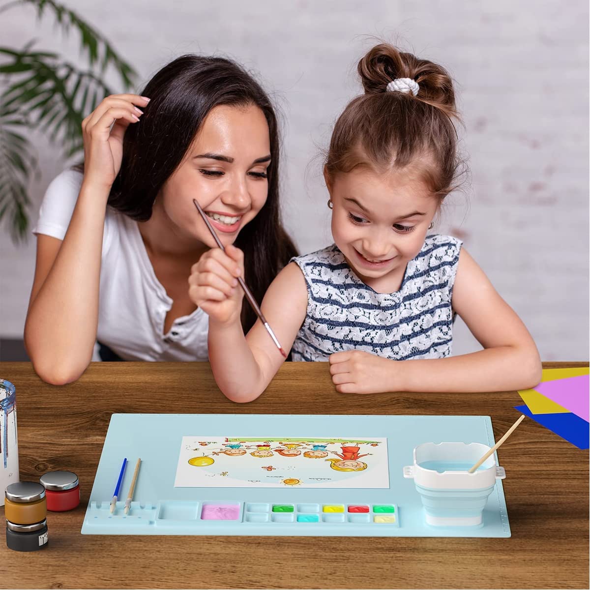 HASTHIP 50*40cm Silicone Craft Mat for Painting Play Doh and Clay for Kids, Non-Stick Multipurpose Silicone Sheet with Cleaning Cup and Color Mixing Plate for Arts and Crafts, Painting, Resin Casting